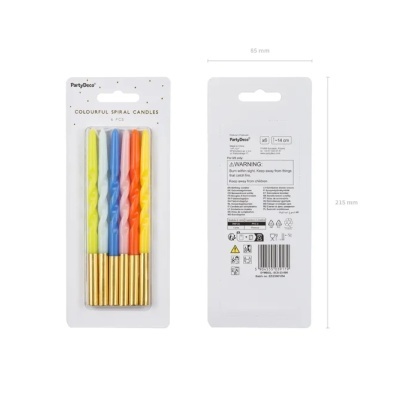 Pack de 6 velas espirais coloridas com base dourada em embalagem branca