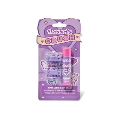 Conjunto Martinelia Crush com pinças de cabelo e bálsamo labial em embalagem roxa com corações