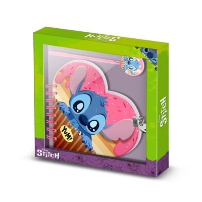 Caderno Stitch colorido em embalagem verde e roxa com elástico rosa