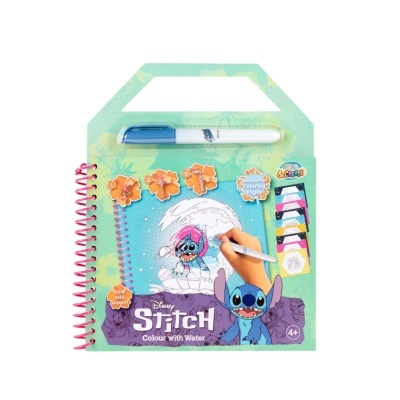 Livro de colorir Disney Stitch com caneta e ilustração de Stitch a surfar
