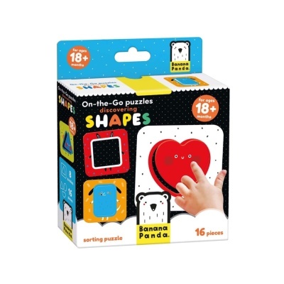 Caixa azul e preta de puzzle de formas coloridas Banana Panda para crianças 18+ meses.