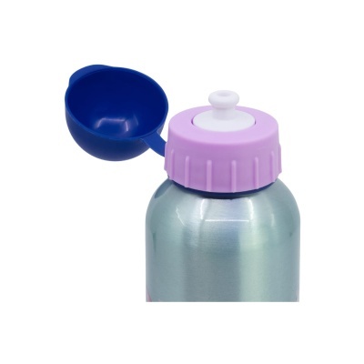 Garrafa metálica com tampa roxa e tampa azul aberta