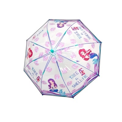 Guarda-chuva transparente com desenhos de sereias e texto TAKE SHELLFIE