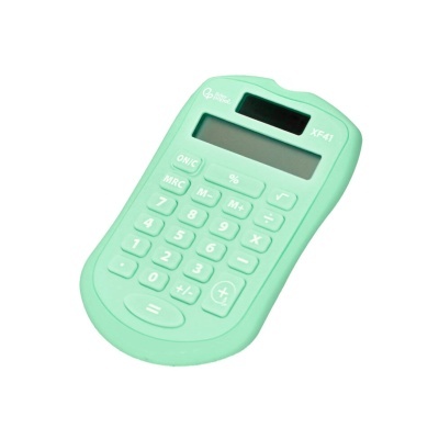 Calculadora verde claro com visor solar e teclas brancas