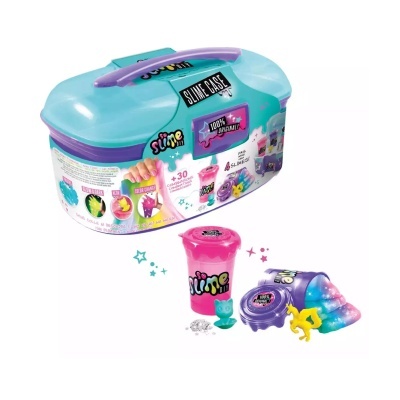 Conjunto de brincar de slime com mala azul e roxa, recipiente rosa e slime multicolorida com figuras pequenas