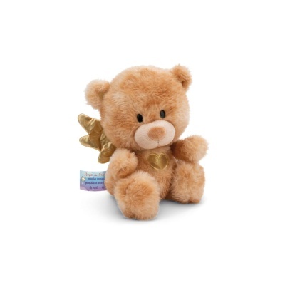 Urso de peluche castanho com asas douradas e coração no peito