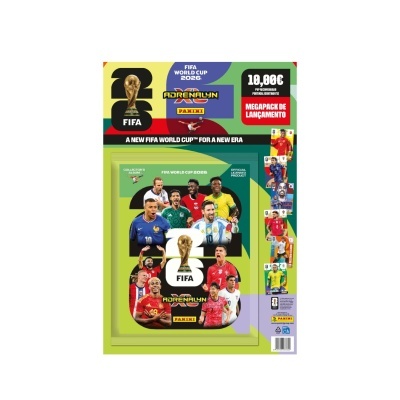 Embalagem da coleção Panini Adrenalyn XL FIFA World Cup 2026 com imagens de jogadores e texto de preço e lançamento
