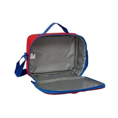 Mala térmica vermelho e azul com interior cinza aberto