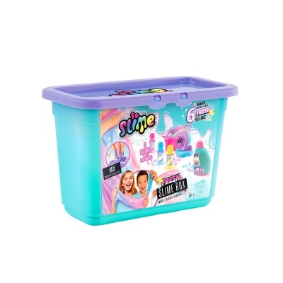 Caixa azul com tampa lilás de kit de fazer slime com rótulo colorido e crianças na embalagem