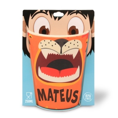 Copo infantil com desenho de tigre e nome Mateus