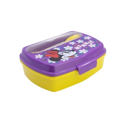 Marmita amarela e roxa com decoração da Minnie Mouse e flores