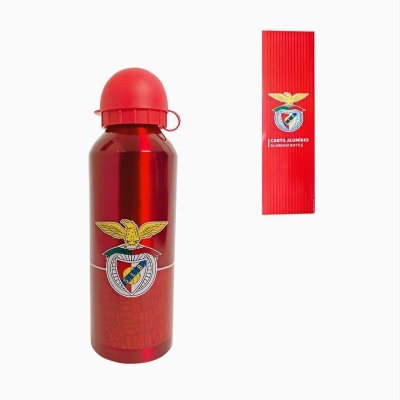 Garrafa desportiva vermelha com emblema SL Benfica e embalagem
