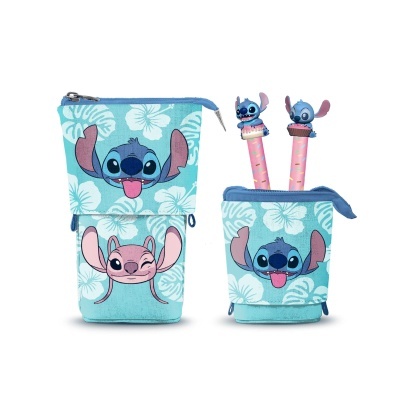 Conjunto de porta-canetas azul claro com personagens Stitch e padrão floral branco