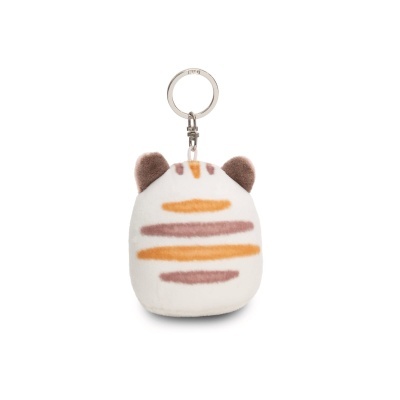 Porta-chaves de peluche em forma de gato com riscas castanhas e laranja