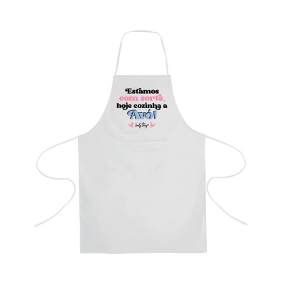 Avental branco com texto colorido e bolso frontal