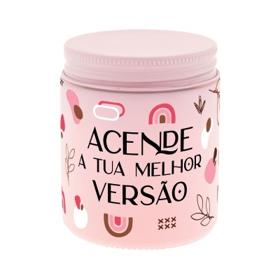 Frasco rosa com texto 'ACENDE A TUA MELHOR VERSÃO' e padrão colorido