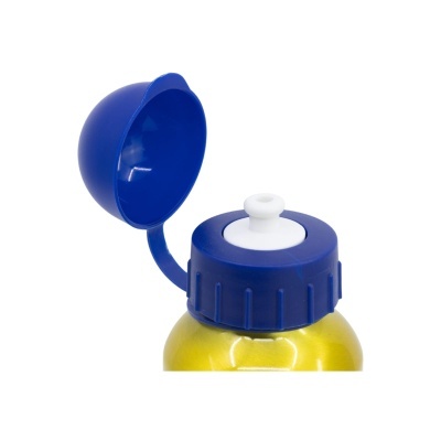 Garrafa metálica amarela com tampa azul e bico branco para beber