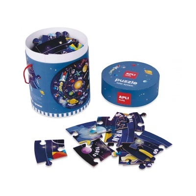 Puzzle APLI KIDS com tema do espaço e embalagem cilíndrica azul