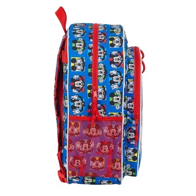 Mochila infantil azul com padrão de rostos do Mickey Mouse e zíper vermelho