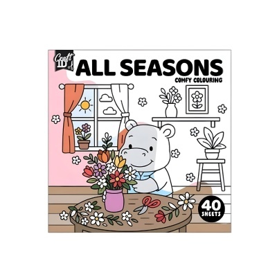 Capa de livro para colorir com hipopótamo, flores coloridas, texto ALL SEASONS COMFY COLOURING, 40 sheets.