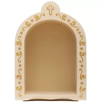 Armadura de parede tipo nicho bege com detalhes dourados e cruz