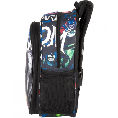 Mochila colorida com desenhos gráficos e bolso lateral de rede preta