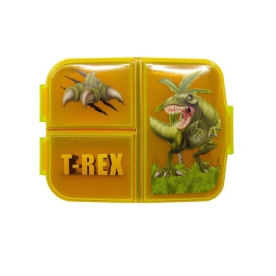 Lancheira amarela com dinossauro T-Rex e texto T-REX