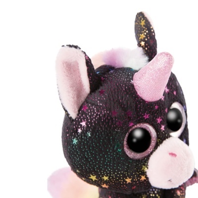Pelúcia de unicórnio preto com estrelas coloridas e chifre cor-de-rosa