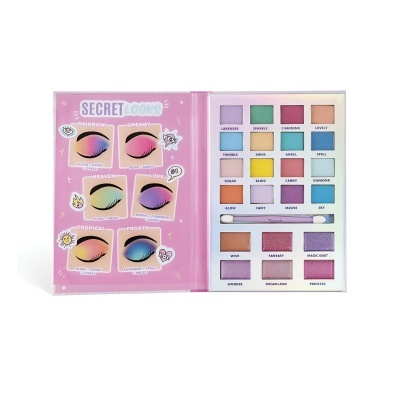 Paleta de sombras de olhos coloridas com embalagem rosa e diversas cores de sombras.