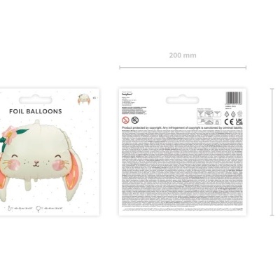 Embalagem quadrada com balão foil em forma de coelho com orelhas cor-de-rosa e flor na cabeça.