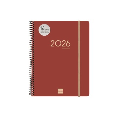 Agenda vermelha com espiral preta e ano 2026 em dourado