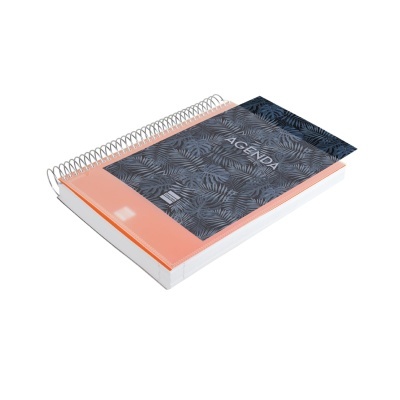 Agenda com capa dura, padrão de folhas escuras e detalhes laranja, espiral metálica branca e texto 'AGENDA'