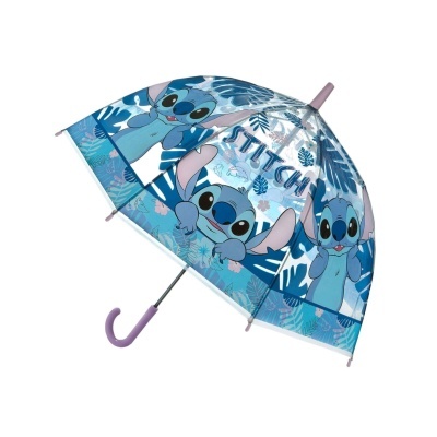 Guarda-chuva infantil transparente com personagens do Stitch e cabo lilás