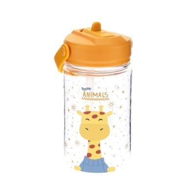 Garrafa de plástico com tampa laranja e desenho de girafa com suéter azul