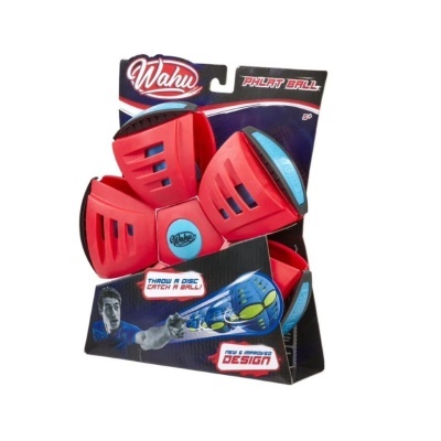 Brinquedo Wahu Phlat Ball vermelho e azul em embalagem com texto.