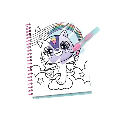 Caderno espiral com capa de gato para colorir e marcador rosa