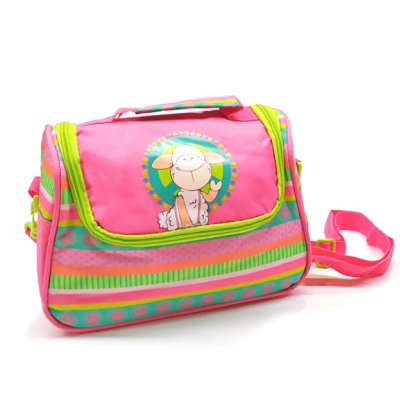 Mala infantil rosa e verde com ilustração de carneiro cartoon