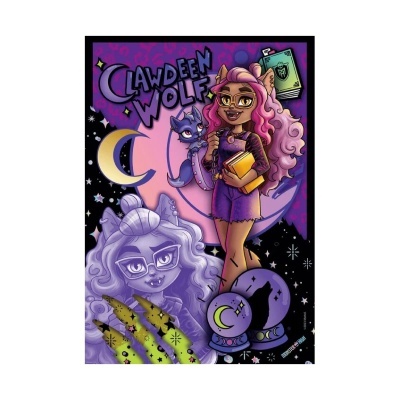 Ilustração colorida de personagem feminina e lobo com texto Clawdeen Wolf