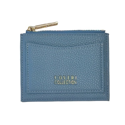 Carteira azul pequena com fecho de correr dourado e texto COVERI COLLECTION