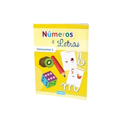 Capa de livro educativo amarelo com título Números e Letras e ilustrações de frutas, dado e lápis