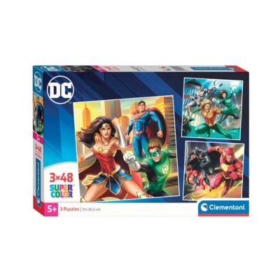Caixa de 3 puzzles Clementoni com super-heróis DC Comics, Mulher Maravilha, Superman, Batman, Flash