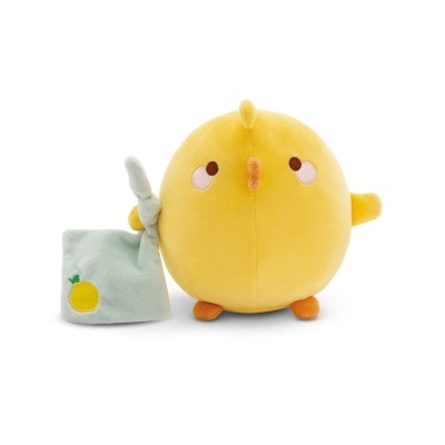 Pelúcia redonda amarela em forma de pintinho com bolsa pequena verde clara