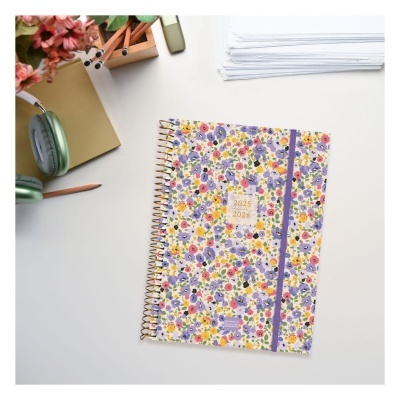 Agenda espiral com capa floral e texto 2025 2026