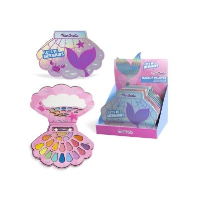 Paleta de maquilhagem em formato de concha rosa com várias sombras coloridas e espelho interior