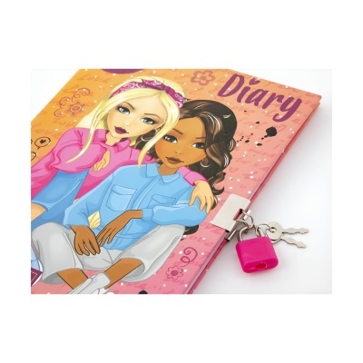 Diário rosa com ilustração de duas meninas e cadeado rosa