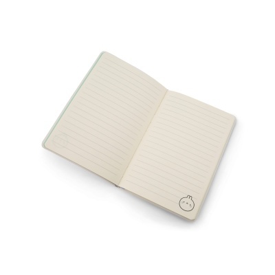 Caderno aberto com páginas pautadas e desenho pequeno no canto inferior direito.