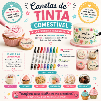 Canetas de tinta comestível para decoração de bolos e doces