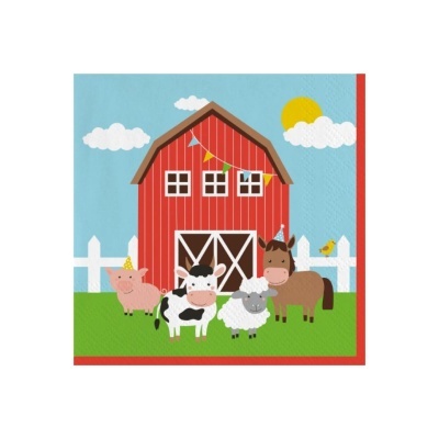 Guardanapo ilustrado com cena de quinta e animais