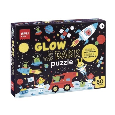 Caixa de puzzle Glow in the Dark com ilustrações espaciais coloridas para crianças