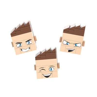 Três cabeças de blocos de construção com expressões faciais diferentes e cabelo castanho